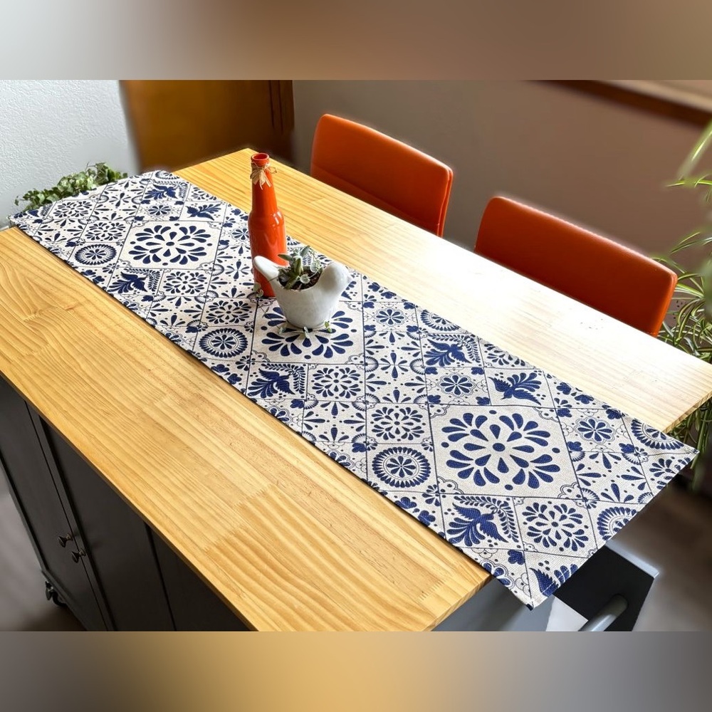 48" Mexican Navy Blue Off-White Talavera Style Bird Floral Linen Table Runner